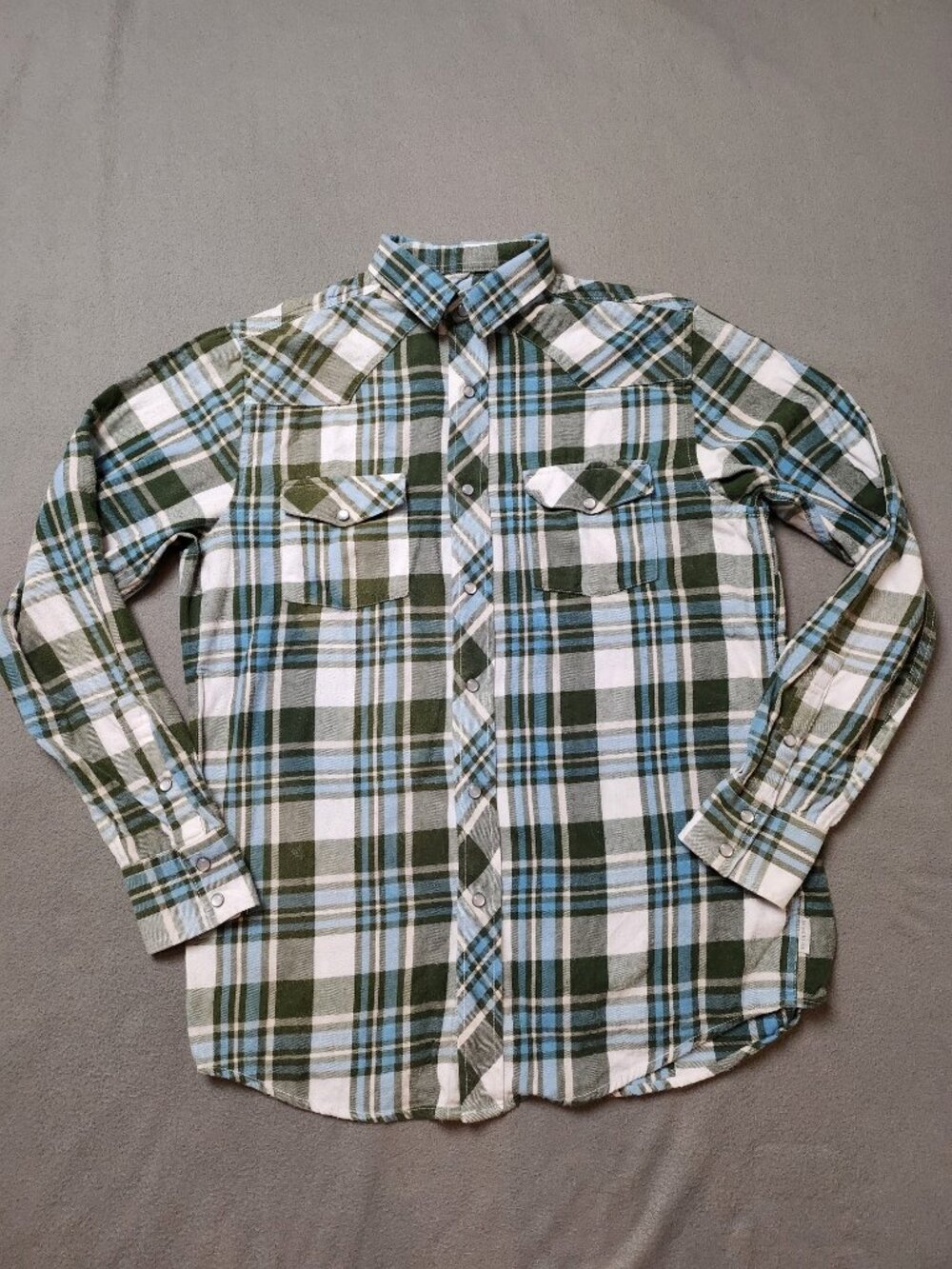 WindRiver Men's S Plaid Flannel Western Pearl Snap Shirt Green Blue Cream